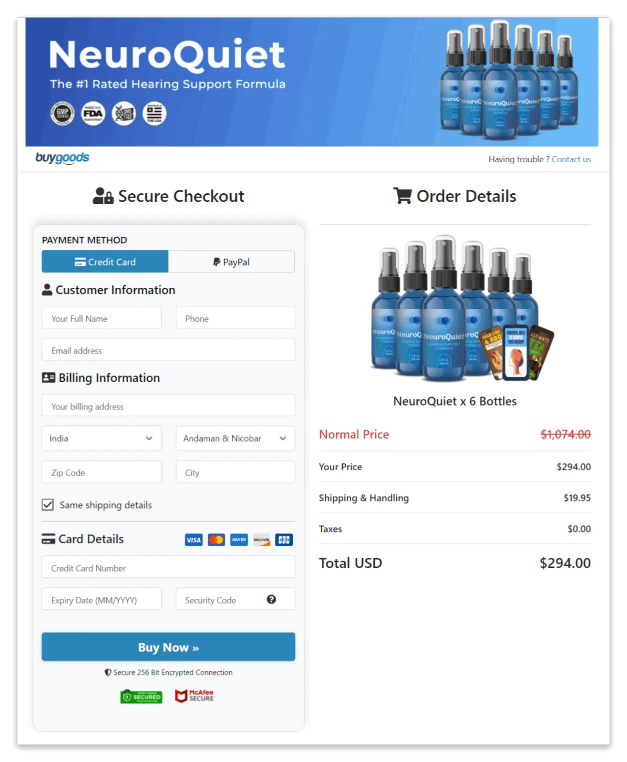 NeuroQuiet Secure Checkout Page